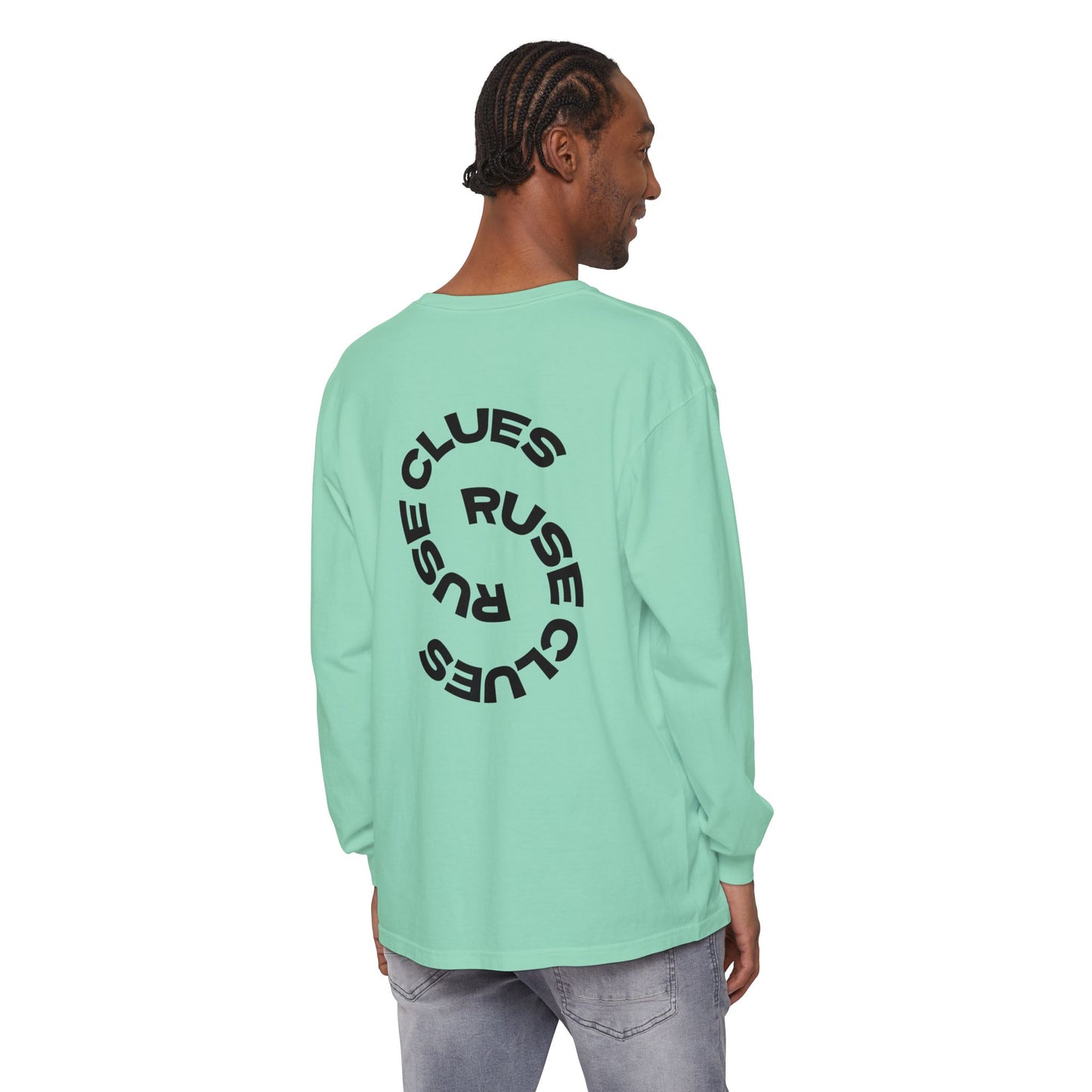 Unisex Garment-Dyed Long Sleeve Ruse Clues Tee, Casual Everyday Wear, Gift for Friends, Stylish Layering Piece, Trendy Fashion Statement
